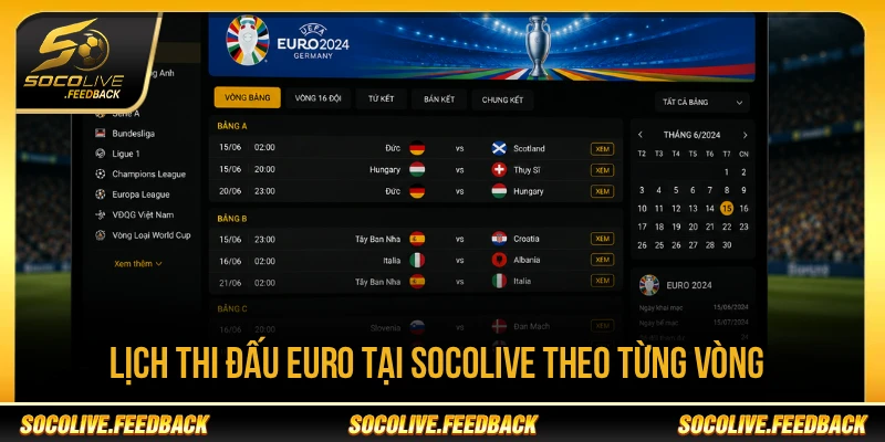 Lịch thi đấu Euro tại Socolive được cập nhật theo từng vòng đấu